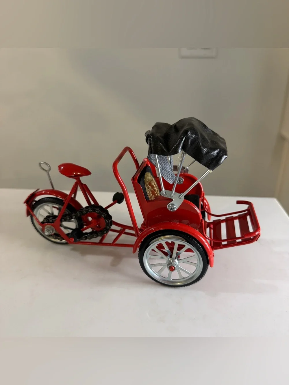 Miniature die cast Red Tricycle Rickshaw with Black Canopy, souvenir- Vietnam